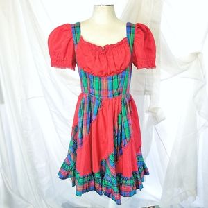 Plaid Square Dance Dress, Red Green and Blue, 1980s Vintage Handmade